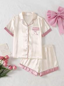 Elladie kids 女童仿絲綢緞面鈕扣開襟針織外套，附蝴蝶結刺繡口袋，短袖上衣與粉色白色對比黑邊短褲居家服套裝 - 杏色 - 查看 7