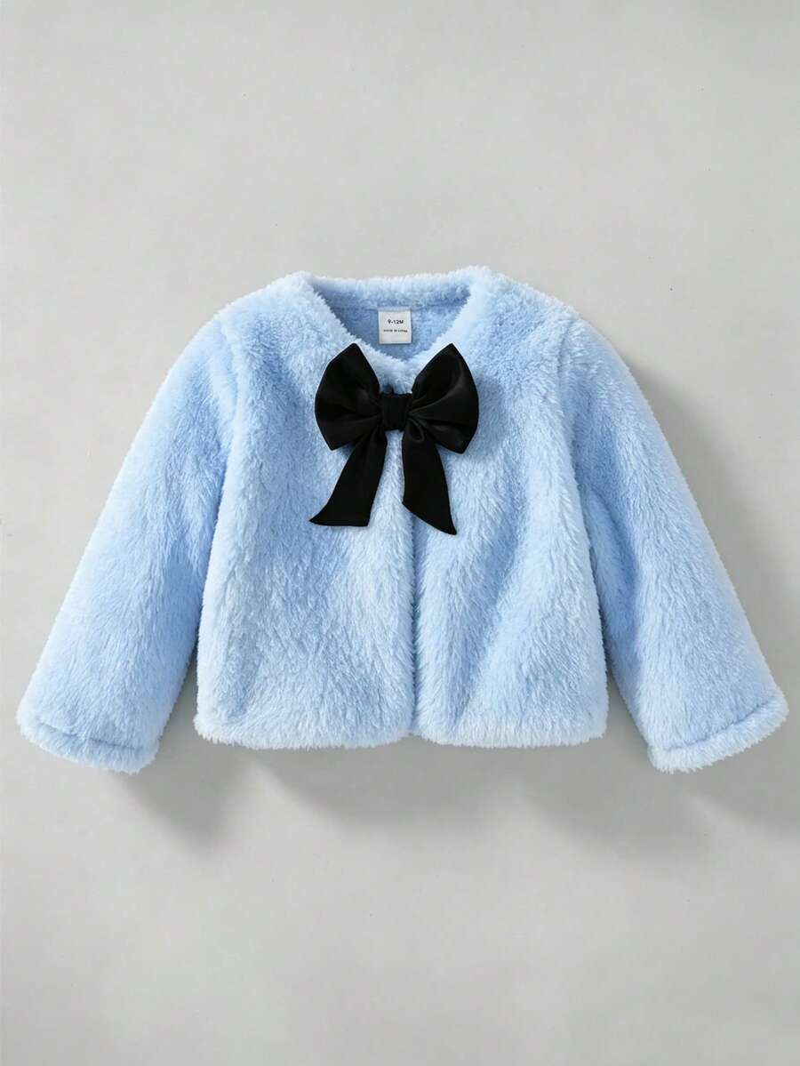 SHEIN Elladie kids 女嬰幼兒秋冬新款百搭優雅毛絨蝴蝶結開襟外套,適合外出,米色/杏色,完美適配日常穿著與派對場合,百搭風格 - 淺藍色 - 查看 1