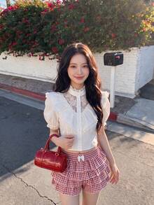 SHEIN MOD Classic White Victorian-Style Blouse,Lace Yoke Ruffled Collar Puff Sleeves Button-Up,Elegant Summer Tea Party,Vintage-Inspired Office Wear - White - View 5