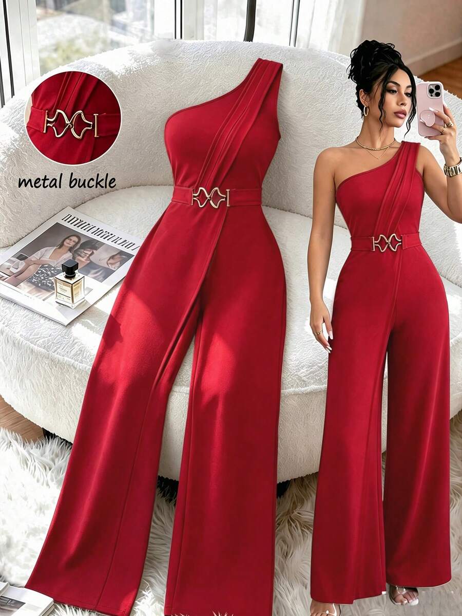Elenzga Women's Fashion One Shoulder Design Buckle Bodycon Jumpsuit