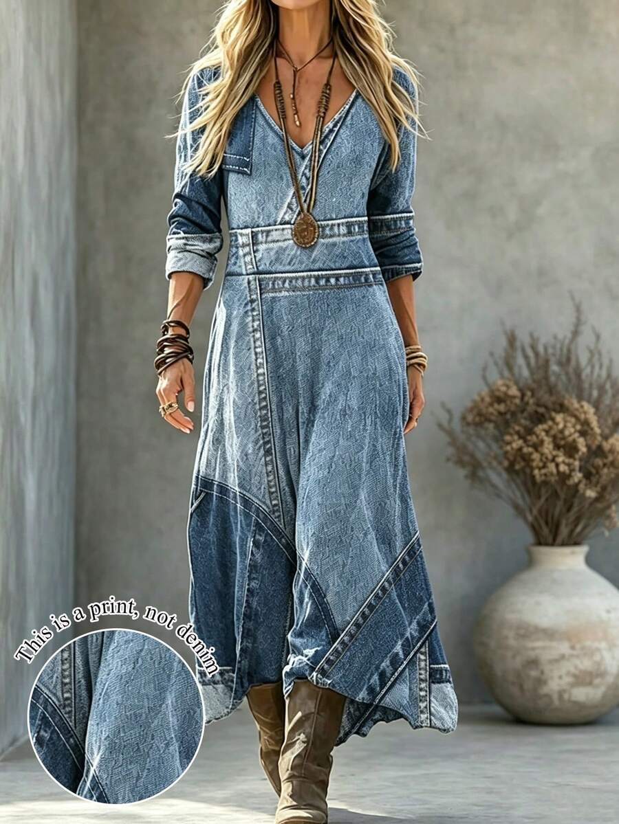 SHEIN Holidaya Women's Fashion Denim Effect Long Sleeve V-Neck Dress - Blue - View 1