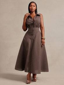Radiana Curve Gaun Pesta & Perjalanan Kasual Bergaris untuk Wanita Ukuran Besar - Coklat - View 7