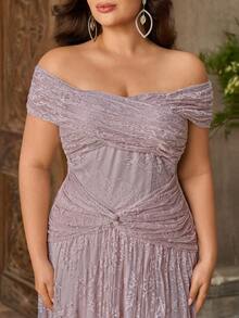 Aureia Plus Size Elegant Romantic Off-Shoulder Beaded Embroidered Heart Neckline Patchwork Mesh Pleated Design Ruffle Bodycon Mermaid Hem Evening Gown, Suitable For Festivals, Celebrations, Weddings, Balls, Concerts, Business Banquets, Guest Events, Internet Celebrity Style, Women's Heavy Work Evening Dress - Dusty Pink - View 7