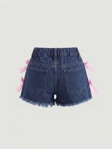 SHEIN Tween女孩蝴蝶結裝飾磨損毛邊牛仔短褲 - 深色水洗藍 - 查看 4