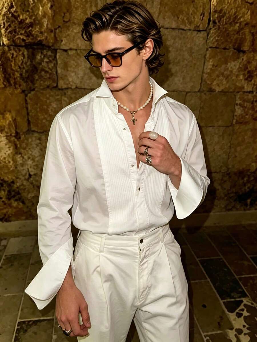 Manfinity Dauomo Men's Solid Color Casual Versatile Daily Wear Shirt - White - View 1