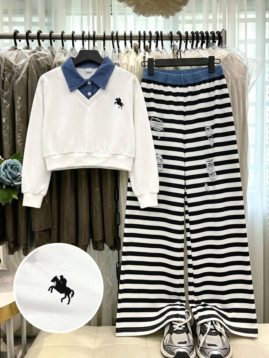 SHEIN 少女白色 2 合 1 領口上衣 + 條紋長褲 2 件套 春/秋返校穿搭 - 白色 - 查看 1
