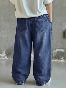 SHEIN Little Byeori 兒童小男孩藍色寬鬆牛仔長褲 - 深色水洗藍 - 查看 2