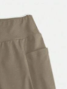 SHEIN Girlism 青少年女孩灰褐色高腰緊身高彈力休閒瑜伽多功能喇叭褲，附手機口袋，適合居家與戶外穿著 - 燧石 - 查看 5