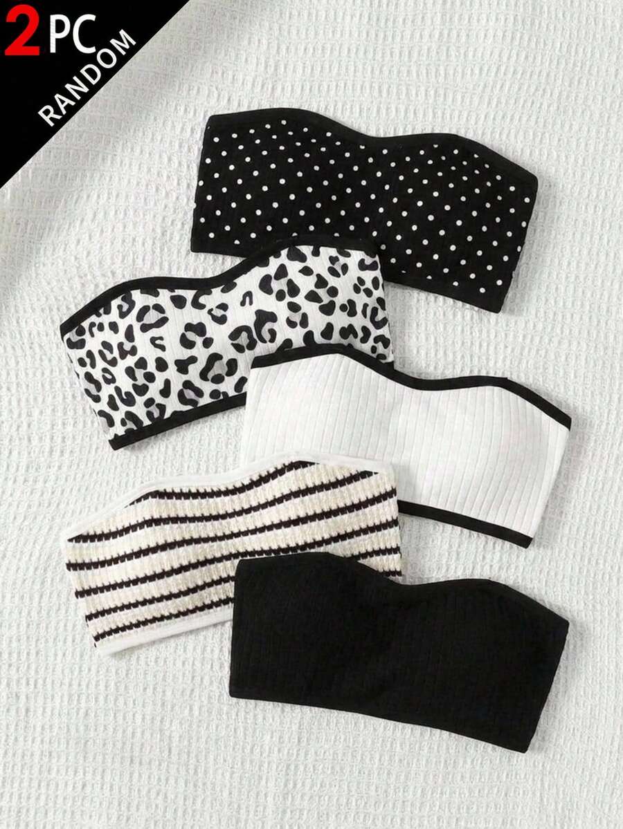 SHEIN 兒童青少年女孩簡約純色條紋舒適柔軟親膚內墊抹胸內衣,2件組,四季適用 - 彩色 - 查看 1