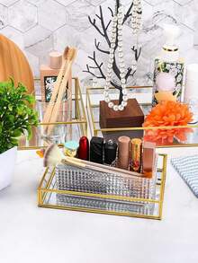 Rectangular Glass Tray, Cosmetics Tray, Jewelry Tray, Gold 1PC - Gold - View 3