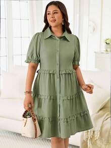 Rosumi Plus Size Women's Summer Casual Vacation Solid Green Frill Trim Dress - Green - View 9