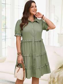 Rosumi Plus Size Women's Summer Casual Vacation Solid Green Frill Trim Dress - Green - View 10