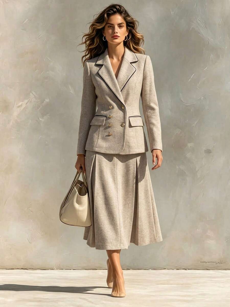 Franclia 女款淺米色夏季優雅辦公套裝,法式通勤夾克配黑色拼接飾邊,A字中長裙,冬季穿著 - 杏色 - 查看 1