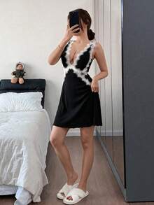 Napfluff 女款無袖蕾絲深V領短款睡裙居家服 - 黑色 - 查看 8
