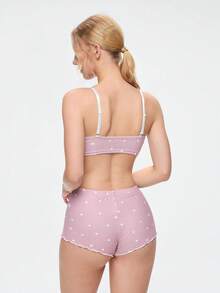 Bonmuse 3 件套女士纯色心形印花荷叶边内衣文胸和松紧腰短裤睡衣套装两件套女士 2 件套，卡哇伊 - 彩色 - 查看 2