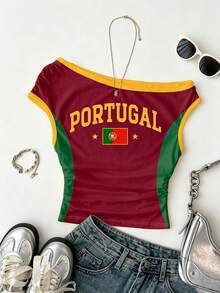 Teen Girls Casual Portugal-Flag One Tight Asymmetric Ruched Cropped Top, Suitable For Spring/Summer, Personalized Outfit, Daily Wear, World Cup, Jersey-Style, Streetwear, Game Day - Multicolor - View 5