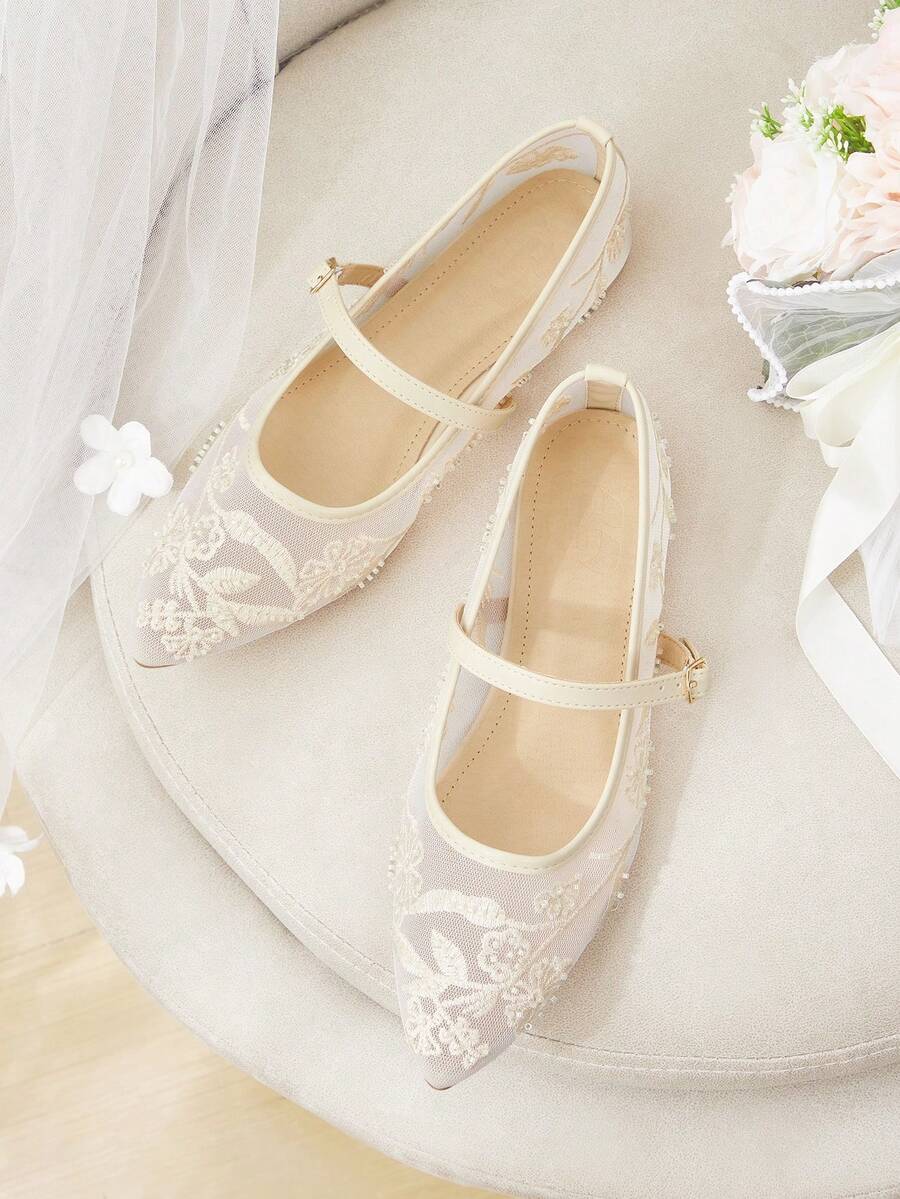 CUCCOO HITCHD 女款網紗刺繡串珠設計方頭瑪麗珍鞋,簡約扣環,法式低鞋面軟底透氣鞋 - 杏色 - 查看 1