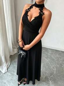 Celisse Women's Applique Decor Backless Halter Long Dress - Black - View 6