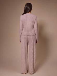 Lazeform Soft Ribbed Knit Long Sleeve Pajama Set, Slouchy Home Casual 2 Pieces Set - Pink - View 3