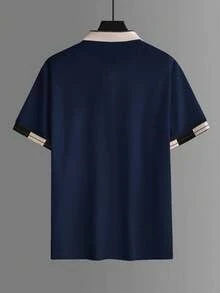Calvornis Men's Plus Size Embroidered Ribbed Collar Mature Casual Short Sleeve Polo Shirt, Formal, Old Money - Navy Blue - View 5