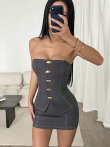 SHEIN PETITE 女款夏季兩件套套裝 | 辦公休閒貝殼設計與節慶穿搭 | 波希米亞風 - 灰色 - 查看 6