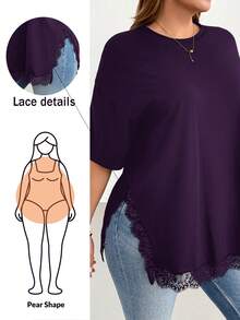 Shapeblank Plus Size Women's Solid Color Round Neck Dropped Shoulder Sleeve Contrast Lace Side Slit Hem Casual T-Shirt - Purple - View 2