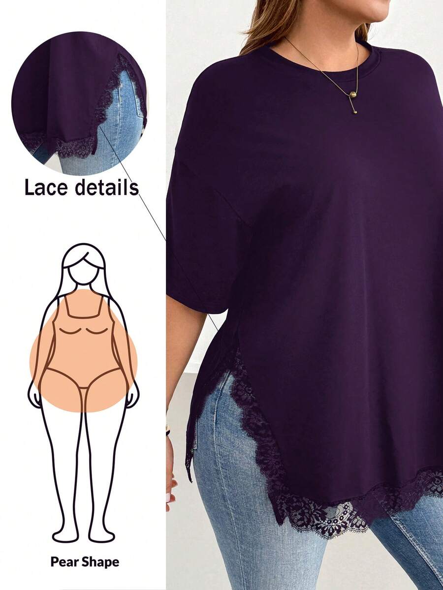 Shapeblank Plus Size Women's Solid Color Round Neck Dropped Shoulder Sleeve Contrast Lace Side Slit Hem Casual T-Shirt
