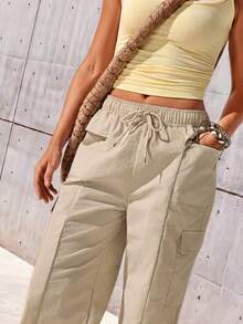 SHEIN Sports Women's Casual Versatile Drawstring Waist Cargo Hiking Pants - Apricot - View 5