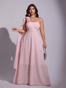 Viva Relle Plus Size Women's Summer Pink Sexy Low Cut One Shoulder 3D Floral Decor Cami Waist-Cinched Double Layer A-Line Maxi Dress, Elegant Party Dress, Graduation Prom, Sexy Date, Women's Holiday Outfit, Sexy Women's Clothing - Pink - View 3