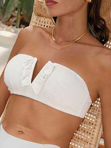 SHEIN Swim Women's Solid Color Bikini Top With Ruffled Hem, V-Wire Underwire, Summer Beach - White - View 5