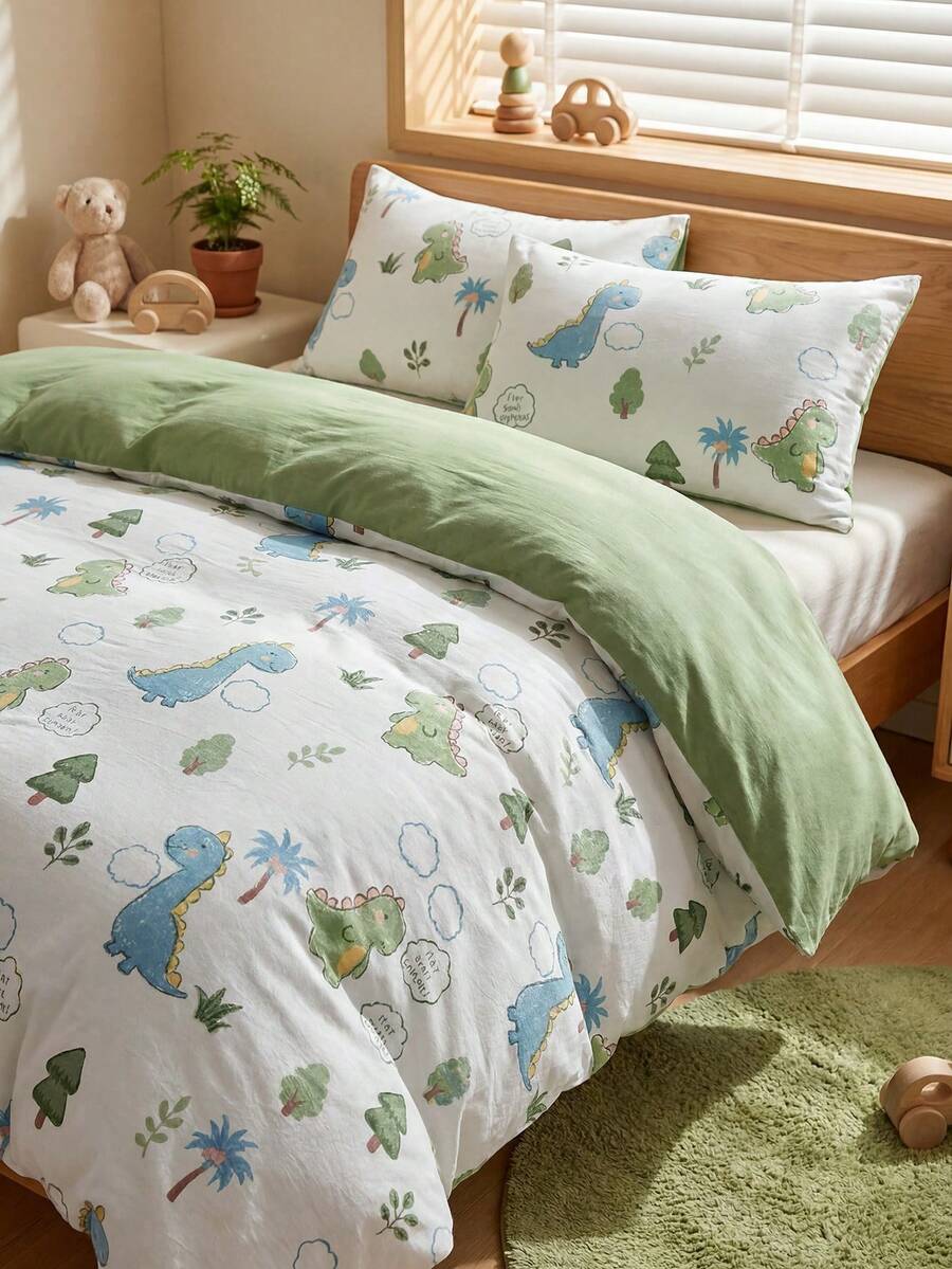 2/3pcs Green Dinosaur Pattern Bedding Set, Cartoon Cute Polyester Duvet Cover Pillowcase Bedding Set, Suitable For All Seasons, Soft & Breathable, Machine Washable, Gift For Boys, Girls, Children (1 Duvet Cover + 1/2 Pillowcase, No Filler)