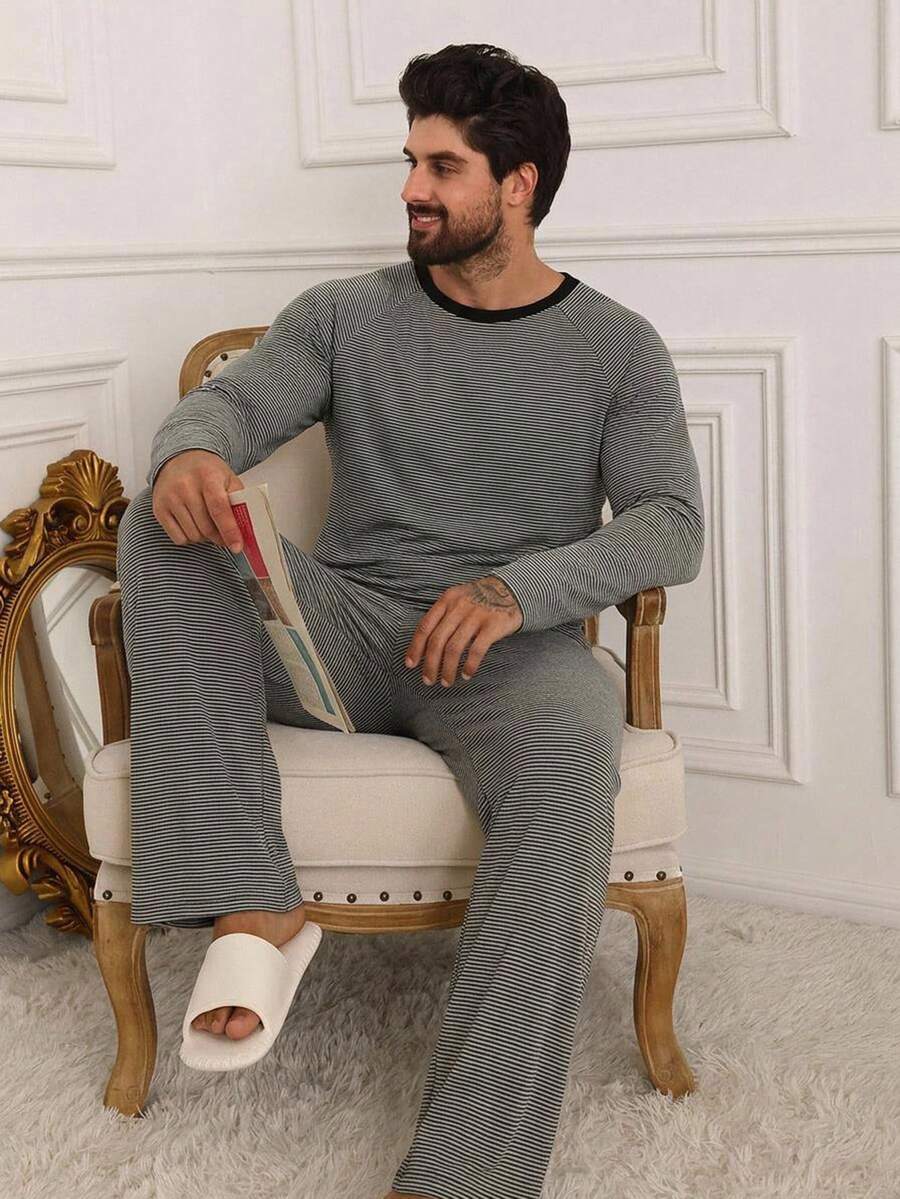 DAZY Spring/Autumn Black & Gray Striped T-Shirt With Men's Loungewear Set - Multicolor - View 1