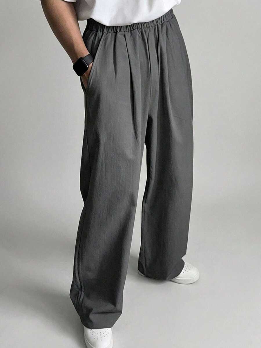 DAZY Celana Kasual Pria untuk Perjalanan Sehari-hari, Warna Polos, Pinggang Elastis, Saku Samping, Potongan Longgar dan Lebar - Grey - View 1
