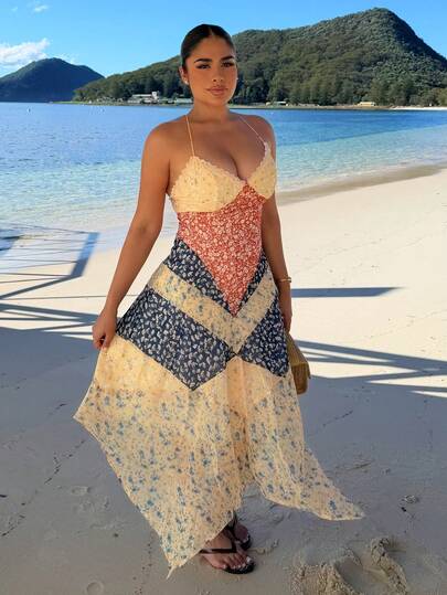 Maria Perezxox Dark Orange Summer Boho Vacation Holiday Women's Spaghetti Strap Floral Patchwork Asymmetric Hem Backless Dress Bohemian Music Festival Cinched Party