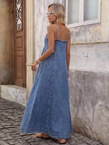 Brillora Damen Lässig Boho Urlaubs Spaghetti-Träger Denim Kleid Herbstkleidung Schulanfang Strandoutfits Land Hellblau - Mittele Waschung - Übersicht 2