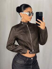SHEIN ICON Women's Zip Front Stand Collar Fashion PU Leather Long Sleeve Jacket Fall Women Clothes - Black - View 7