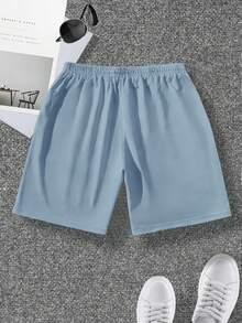 Manfinity Roghcode Pantalones cortos holgados de talla grande para hombres con estampado de letras, cintura con cordón y bolsillos en diagonal, adecuados para el uso diario y las vacaciones - Celeste - Ver 2