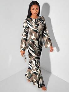 Veilorie Women's Elegant Long Sleeve Flared Back Tie Waist Mermaid Hem Dress - White - View 6