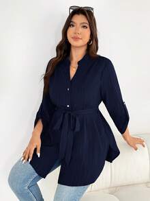 SHEIN Essnce 大尺碼女款純色缺口V領長袖休閒襯衫 秋季 - 藏蓝色 - 查看 5
