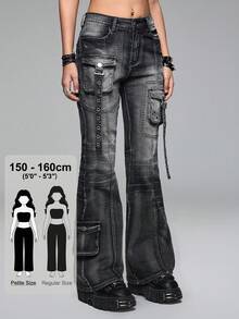 ROMWE PETITE Women's Fashionable Versatile Denim Flare Pants With Pocket, Button And Buckle Design - Grey - View 1