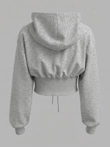 SHEIN EZwear 淺灰色女款標語腰部綁帶設計連帽衛衣 - 淺灰色 - 查看 2
