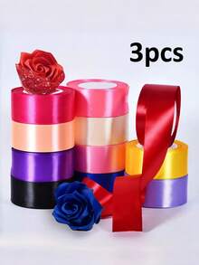 3pcs/Pack, 22m Long 4cm Wide Satin Ribbon, ForHoliday Gifts, Wedding Decor, DIY Crafts, Bows,Headbands, Back To School Valentine Day - Multicolor - View 2