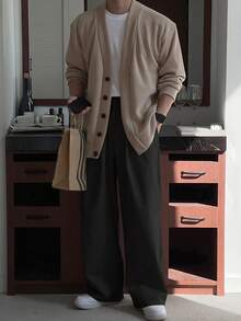 DAZY Spring Solid Black Wide Leg Loose Casual Pants For Men, Fall - Black - View 2