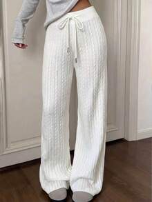 Sundraya Women's Cable Knit Drawstring Waist Casual Loose Long Pants - White - View 1