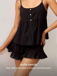 LUVLETTE Summer Sweet Women's Black Elegant Airy Two-Piece Set - Double-Layered Ruffles & Button Front Breezy Refined Home Wear - Black - View 8