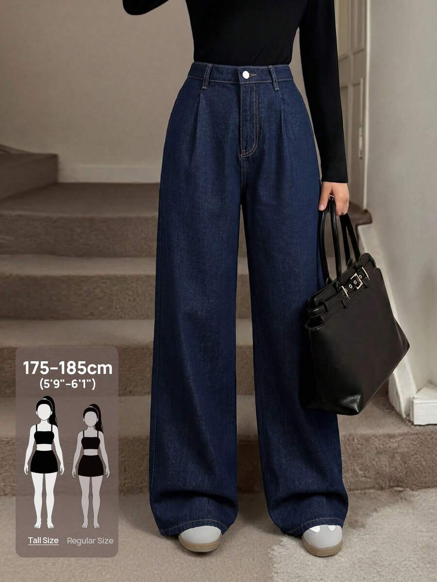 SHEIN Tall 女款休閒寬鬆寬腿牛仔褲 - 藍色 - 查看 1