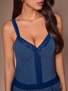 Lazeform Skin-Friendly Soft Lace Trim Cami Loungewear Sleepwear Set - Blue - View 4