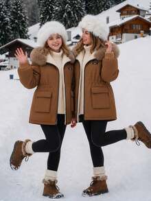SHEIN Mädchen Herbst/Winter Parka Jacke, Fellkragen, große Taschen, mit Kapuze, tailliert, minimalistischer Stil, knielanges Baumwollmantel - Braun - Übersicht 4