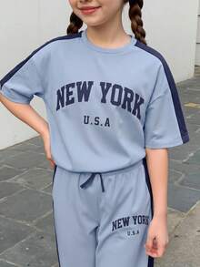 Tween Girl Loose Casual Comfortable Round Neck Patchwork Contrast Color T-Shirt And Pants Set - Multicolor - View 2