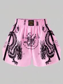 ROMWE MEN Street Life Teen Boy Dragon Print Casual Street Boxing Shorts, Summer Fashion - Pink - View 3